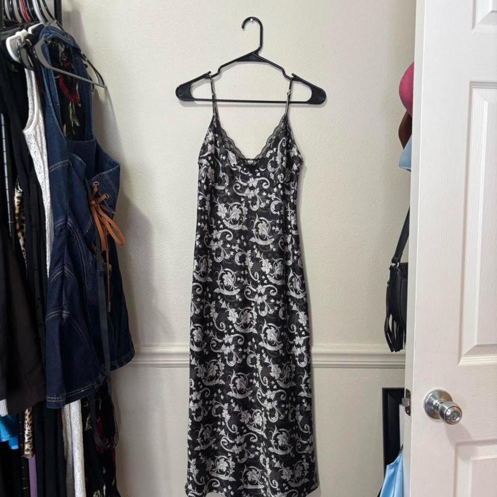 Adonna Black and White Floral Damask Slip Maxi Dress